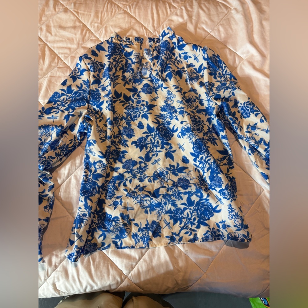 SHEIN Blue and White Long Sleeve Mandarin Collar Blouse - Picture 3 of 4